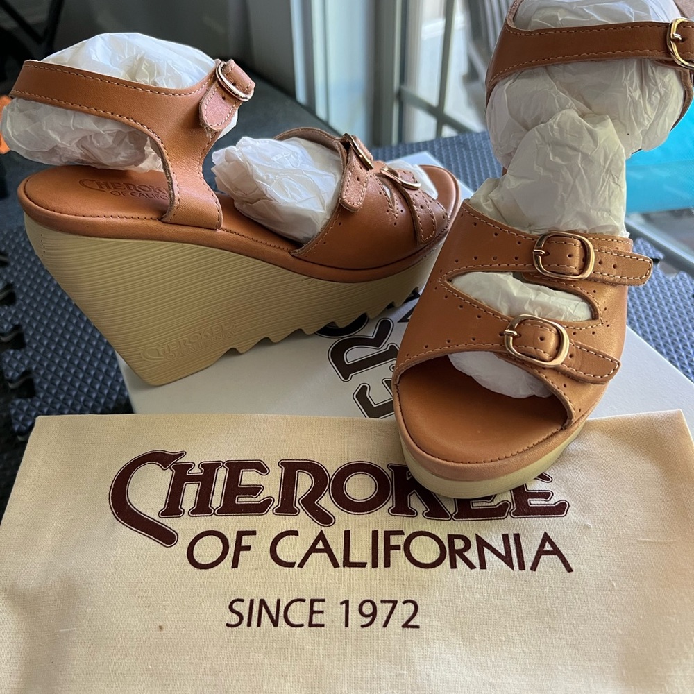Cherokee Tan Wedge Sandals with Adjustable Straps